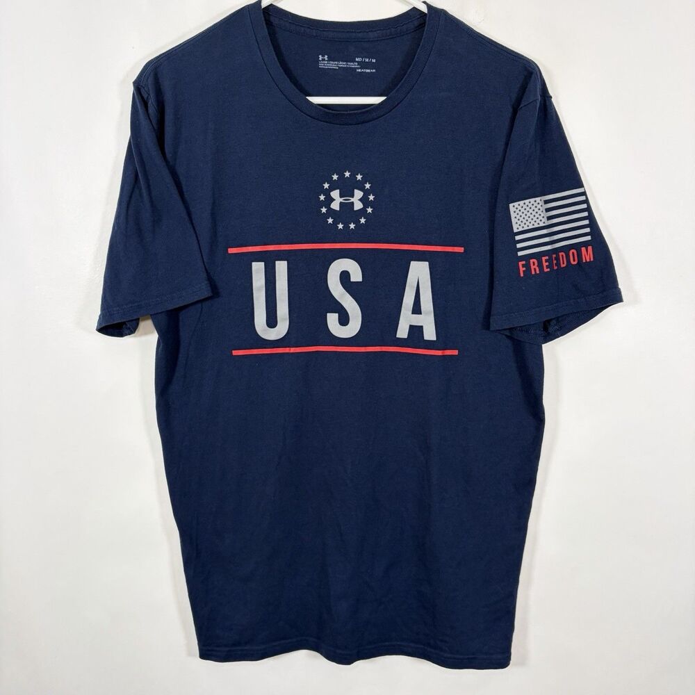 Under Armour HeatGear T Shirt Mens Medium Navy USA Freedom Flag Graphics SS